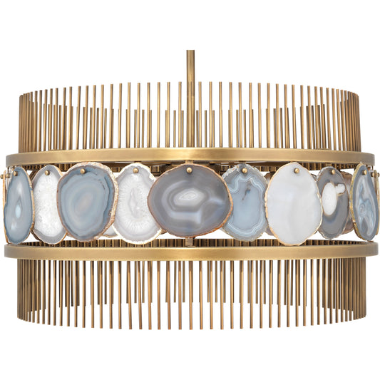 Upsala Chandelier by Jamie Young in pale lavender agate, antique brass. Made from steel, agate in a modern style.