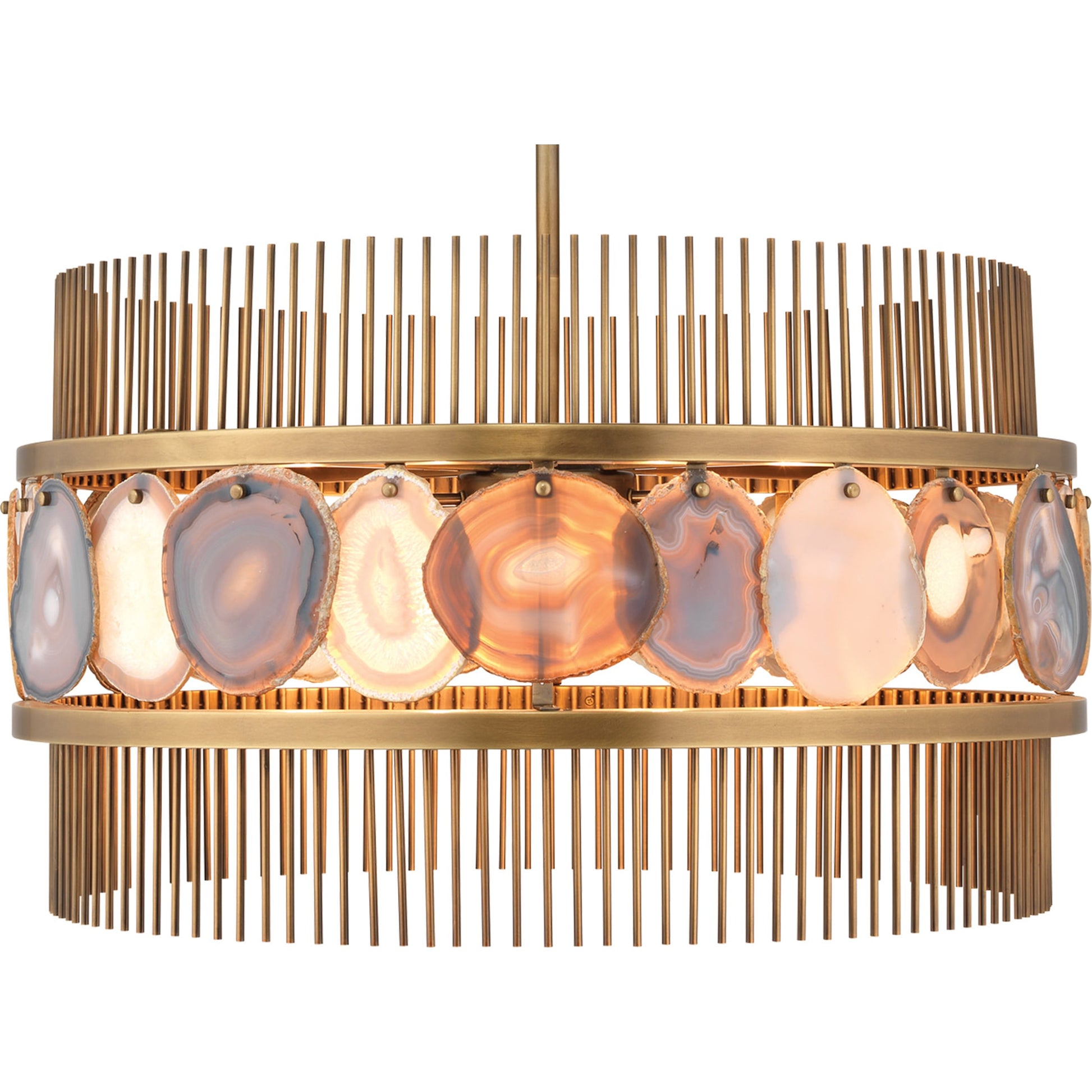 Upsala Chandelier by Jamie Young in pale lavender agate, antique brass. Made from steel, agate in a modern style.