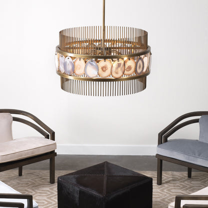 Upsala Chandelier by Jamie Young in pale lavender agate, antique brass. Made from steel, agate in a modern style.
