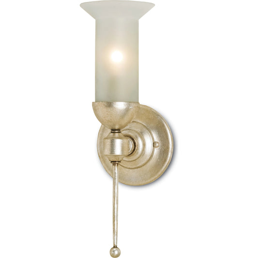 Pristine Wall Sconce by Currey and Company in burnished silver leaf. Made from wrought iron, glass in a traditional style.