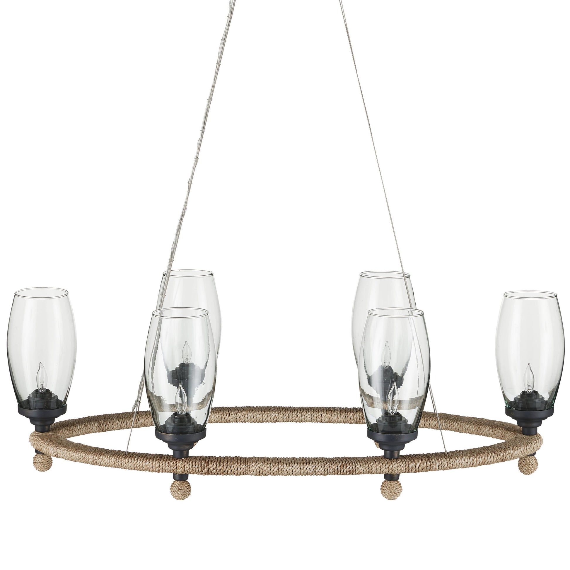 Hightider Glass Oval Chandelier by Currey and Company in natural, clear, french black. Made from wrought iron, abaca rope, recycled glass in a modern style.