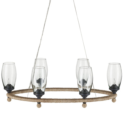 Hightider Glass Oval Chandelier by Currey and Company in natural, clear, french black. Made from wrought iron, abaca rope, recycled glass in a modern style.
