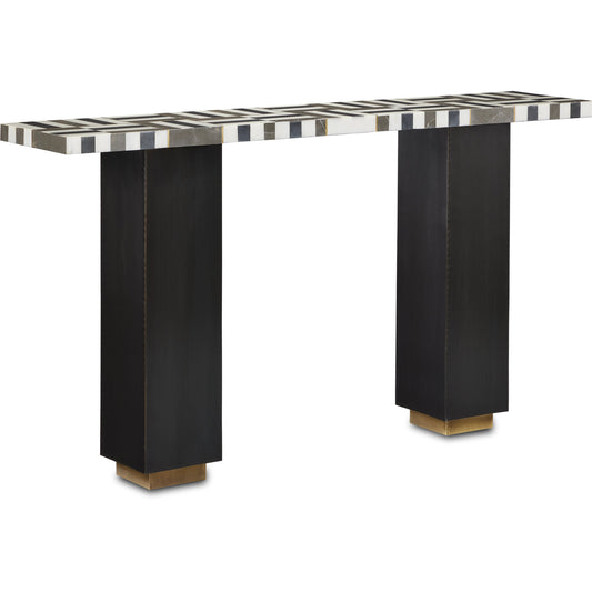 Gentry Console Table by Currey and Company in natural, brass. Made from ambaji marble, marquina marble, pietra gray marble, brass in a modern style.