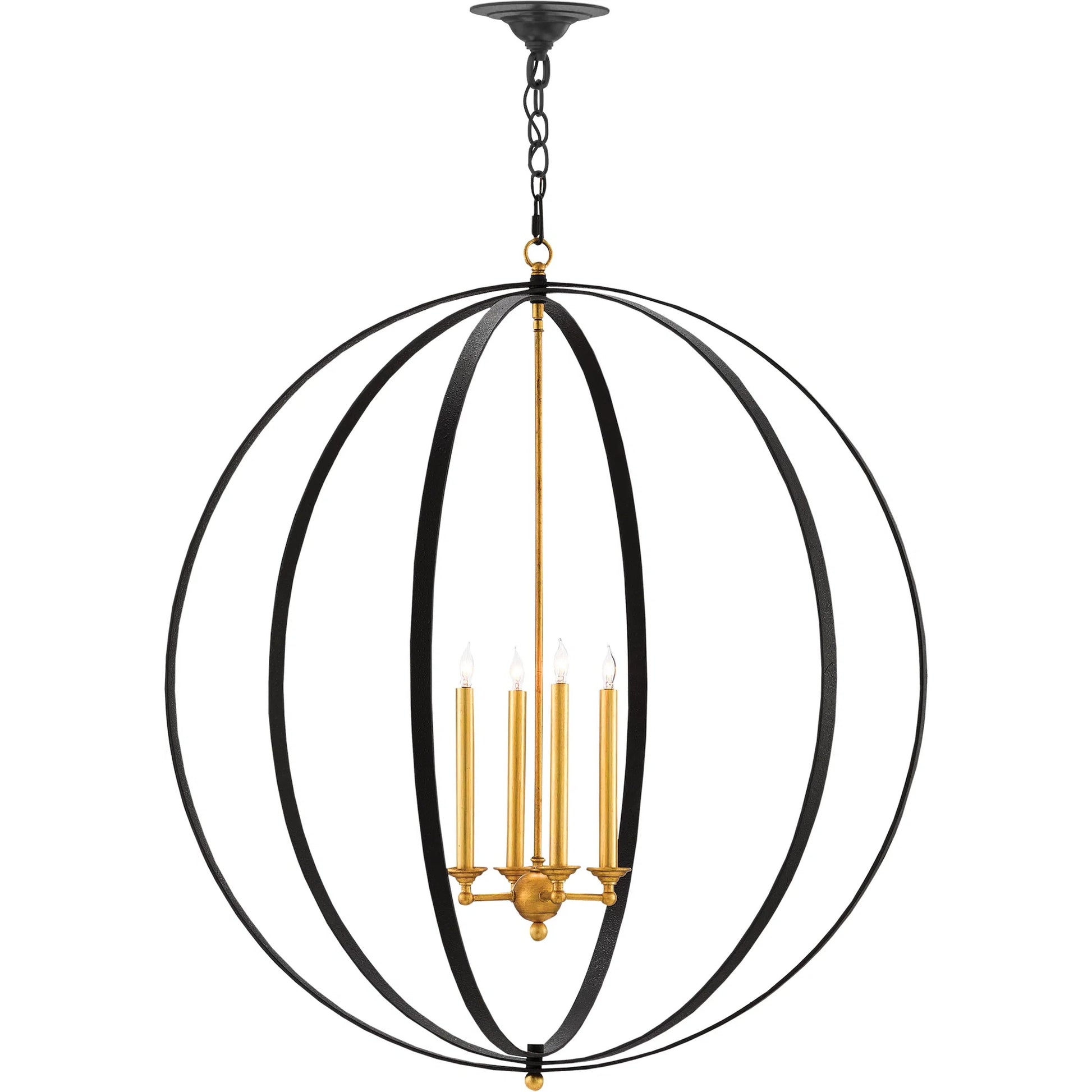 Ogden Orb Chandelier by Currey and Company in chinois antique gold leaf, black. Made from metal in a modern style.