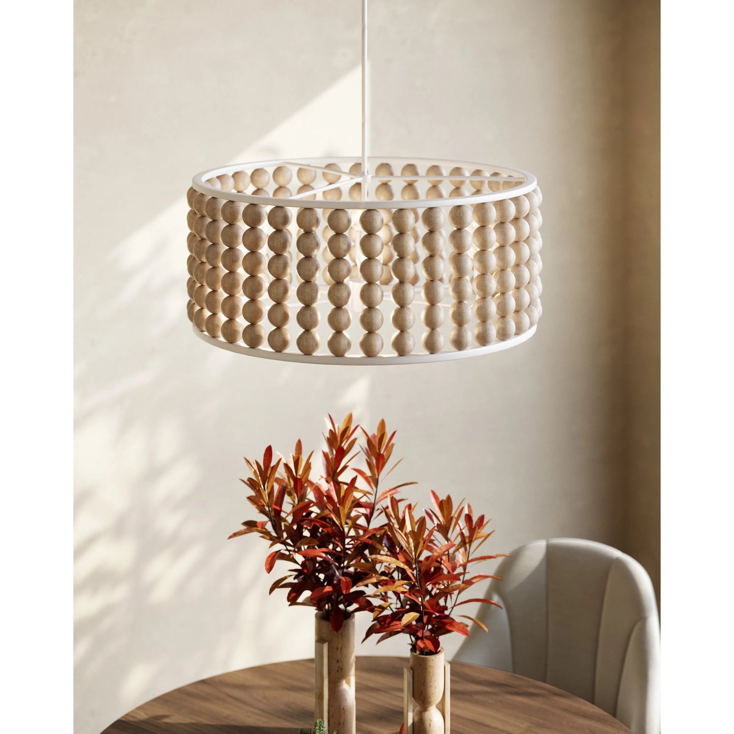 012 SI-2133954 | Lifestyle | Holcroft Chandelier by Currey and Company in sandstone, sugar white. Made from wood beads, wrought iron in a modern style.
