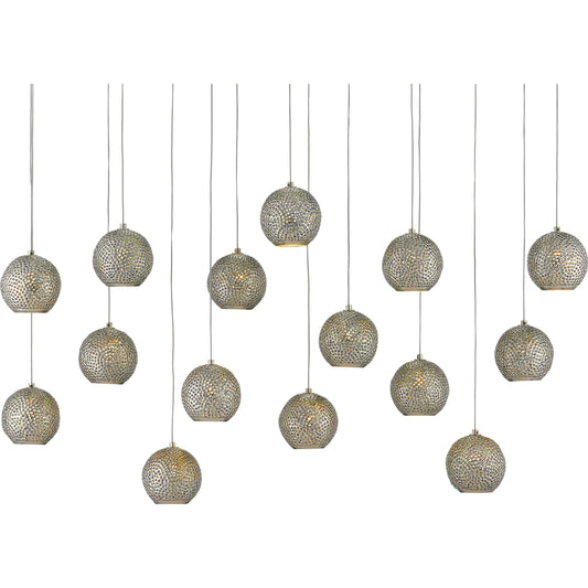 Giro Linear Pendant by Currey and Company in painted silver, nickel, blue. Made from metal, glass bead in a modern style.