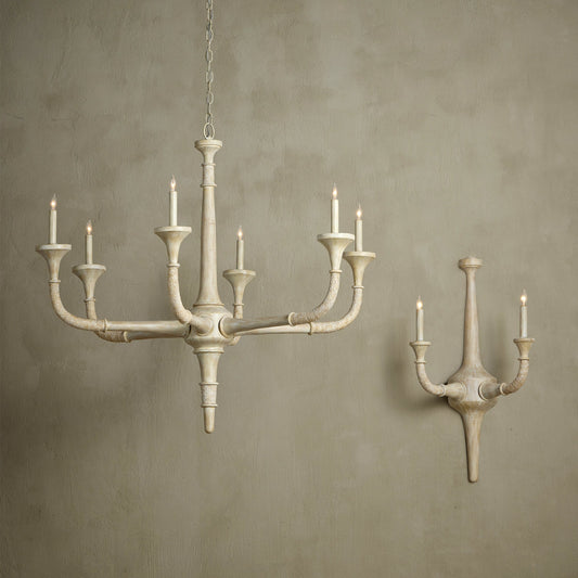 Aleister Chandelier by Currey and Company in sandstone. Made from wood, abaca rope, wrought iron in a modern style.