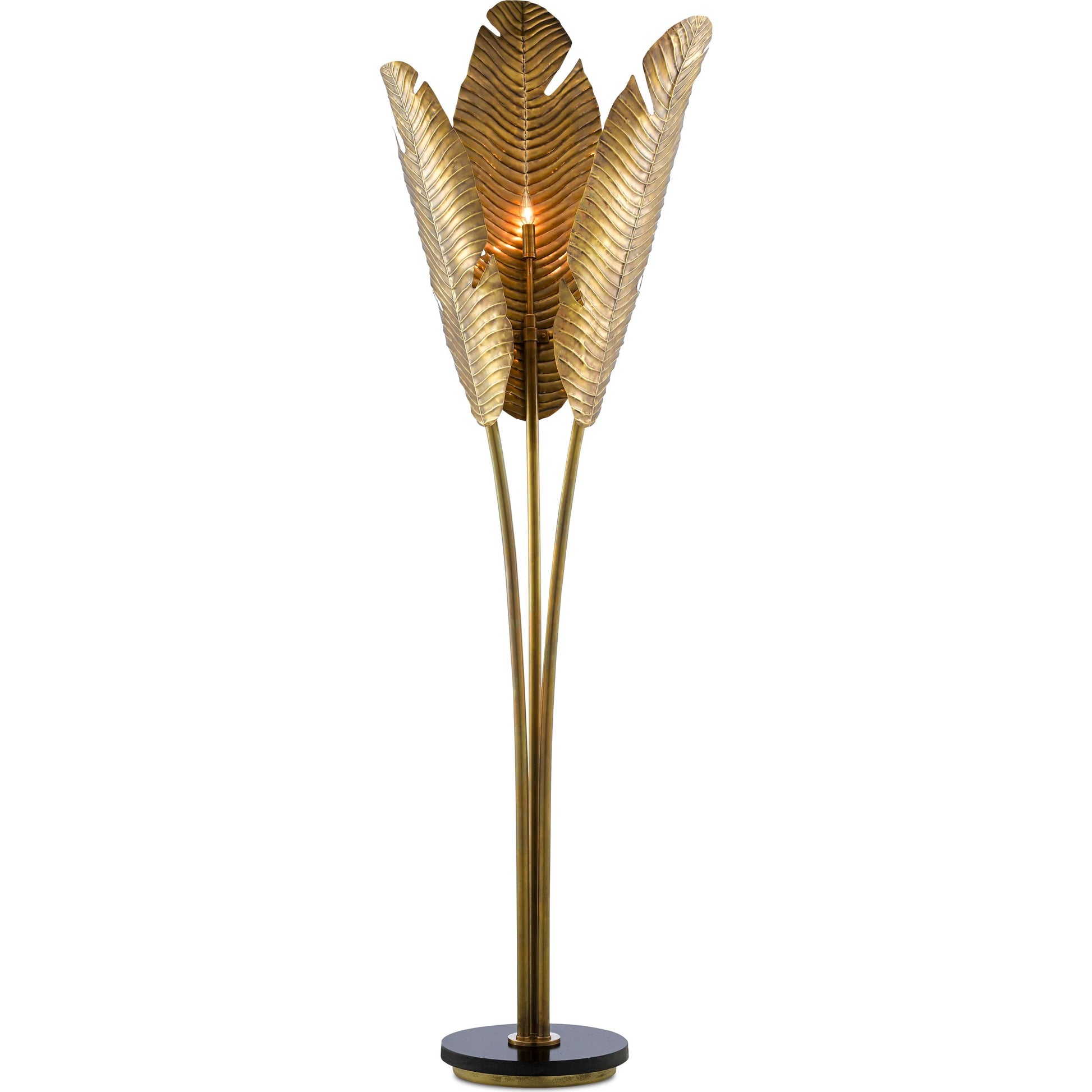 Tropical Floor Lamp by Currey and Company in vintage brass, black. Made from brass, iron, granite in a transitional style.