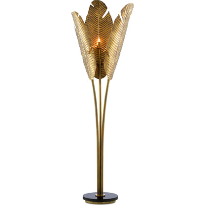 Tropical Floor Lamp by Currey and Company in vintage brass, black. Made from brass, iron, granite in a transitional style.