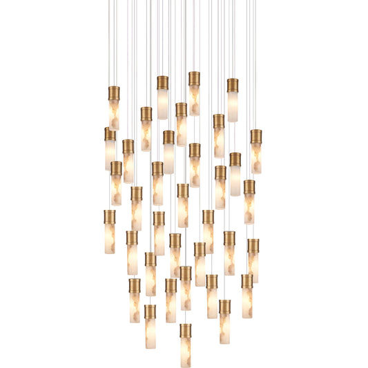 Cannula 36-Light Multi-Drop Pendant by Currey and Company in vintage brass, white, silver. Made from brass, alabaster in a modern style.