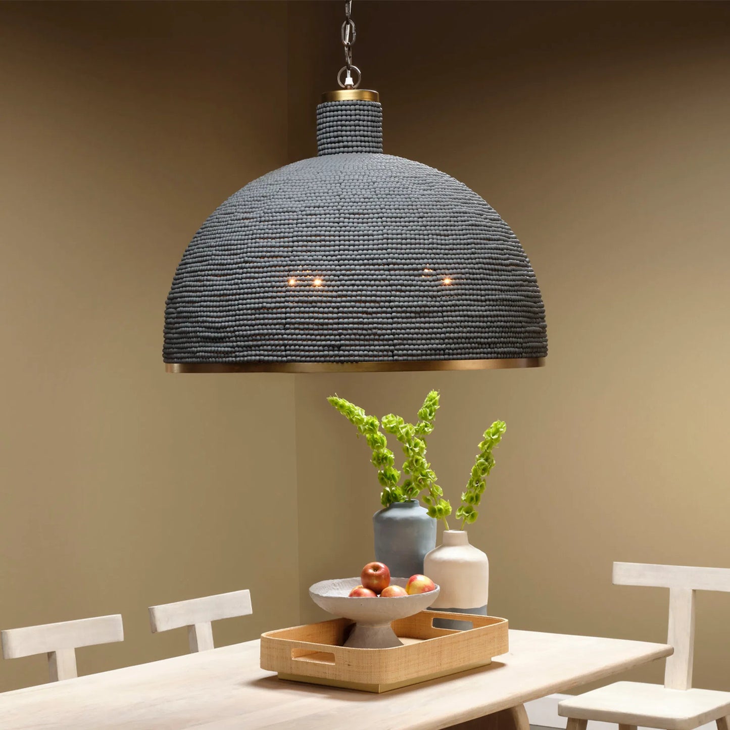 005 SI-2249032 | Lifestyle | Big Sur Chandelier by Jamie Young in slate blue and slate blue wood beads, antique brass. Made from mixed wood, metal: iron in a modern style.