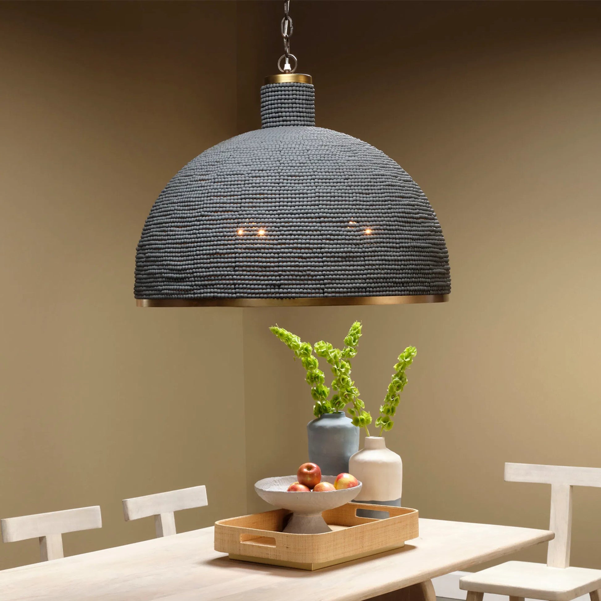 Big Sur Chandelier by Jamie Young in slate blue and slate blue wood beads, antique brass. Made from mixed wood, metal: iron in a modern style.
