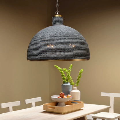 Big Sur Chandelier by Jamie Young in slate blue and slate blue wood beads, antique brass. Made from mixed wood, metal: iron in a modern style.