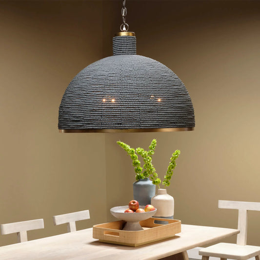Big Sur Chandelier by Jamie Young in slate blue and slate blue wood beads, antique brass. Made from mixed wood, metal: iron in a modern style.