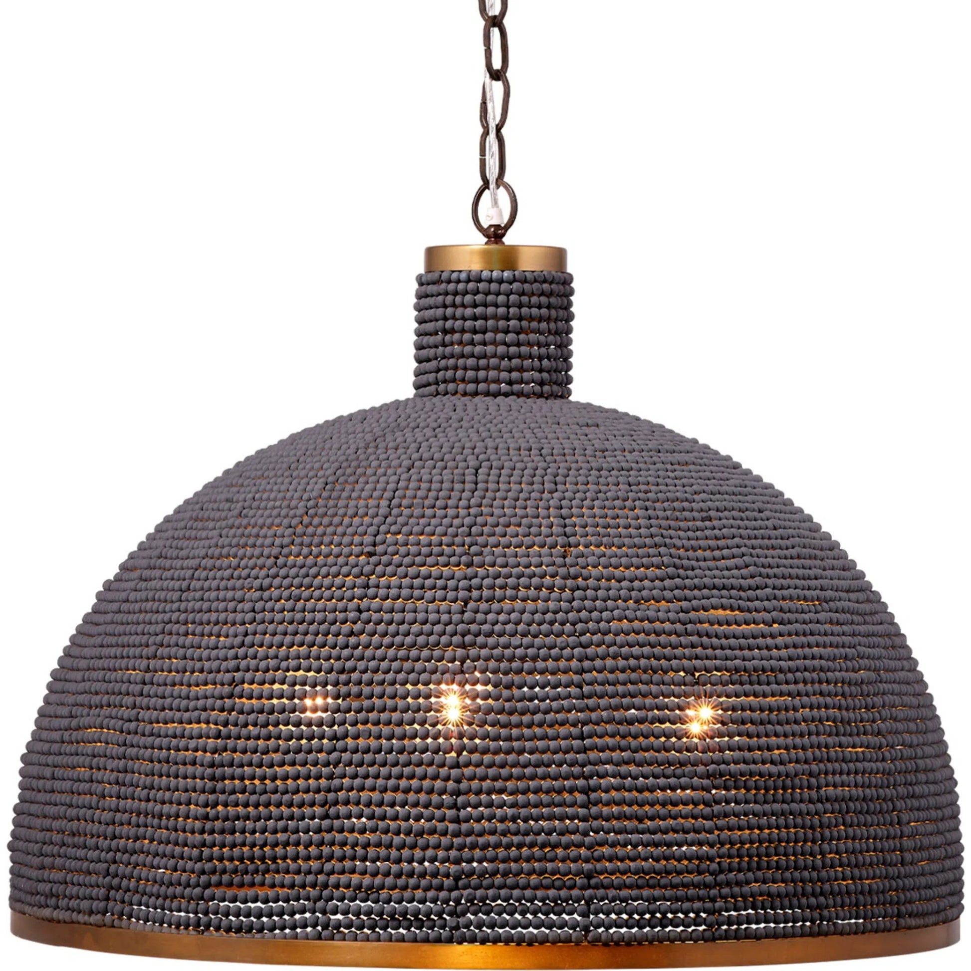 Big Sur Chandelier by Jamie Young in slate blue and slate blue wood beads, antique brass. Made from mixed wood, metal: iron in a modern style.