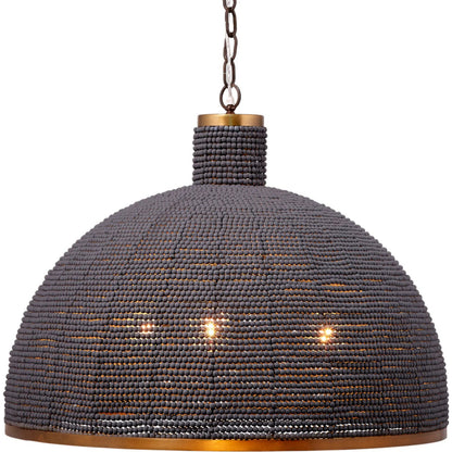 Big Sur Chandelier by Jamie Young in slate blue and slate blue wood beads, antique brass. Made from mixed wood, metal: iron in a modern style.