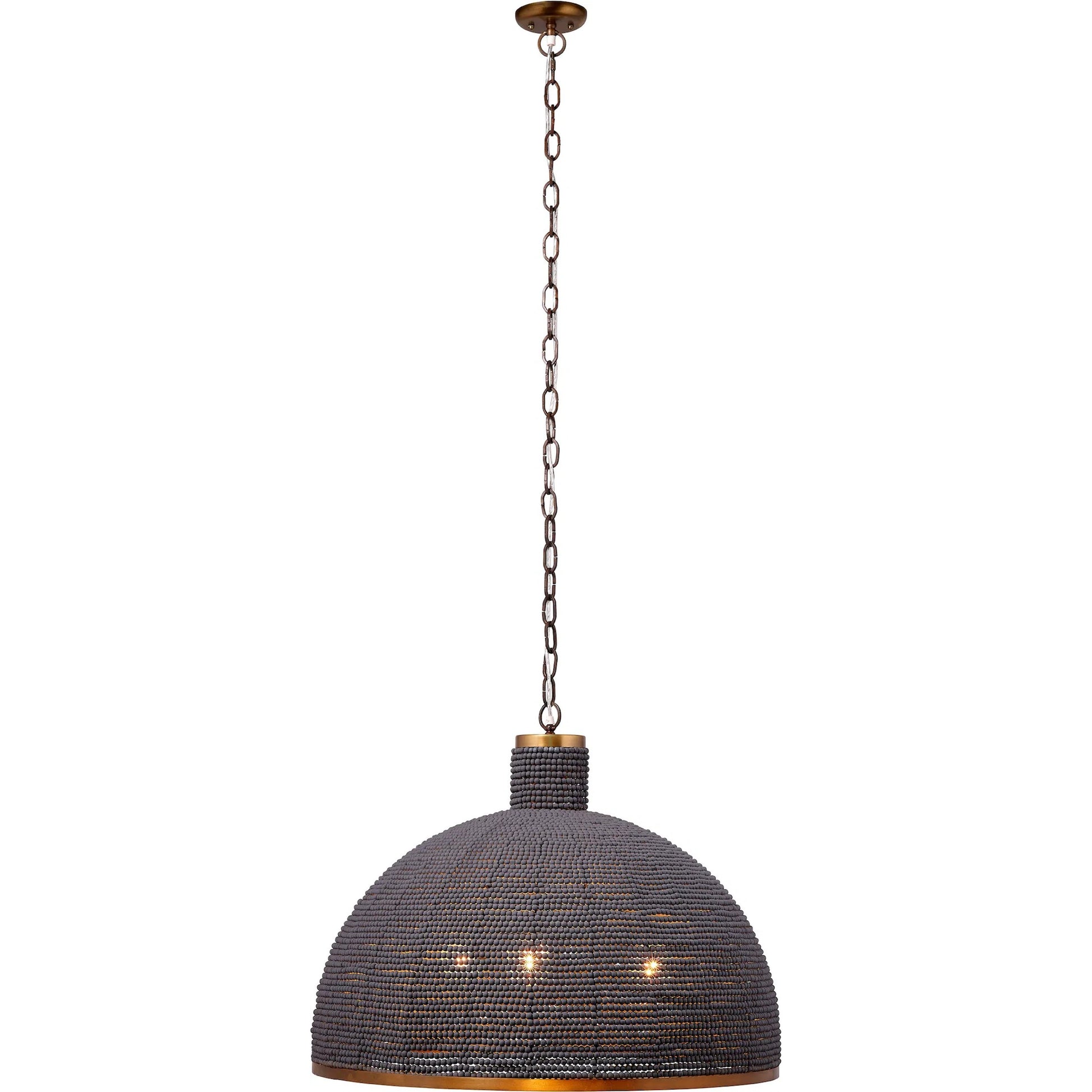 Big Sur Chandelier by Jamie Young in slate blue and slate blue wood beads, antique brass. Made from mixed wood, metal: iron in a modern style.