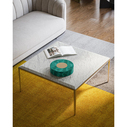 Oblique Marble Cocktail Table by Currey and Company in natural, antique brass. Made from white lilac marble, iron, engineered wood in a modern style.