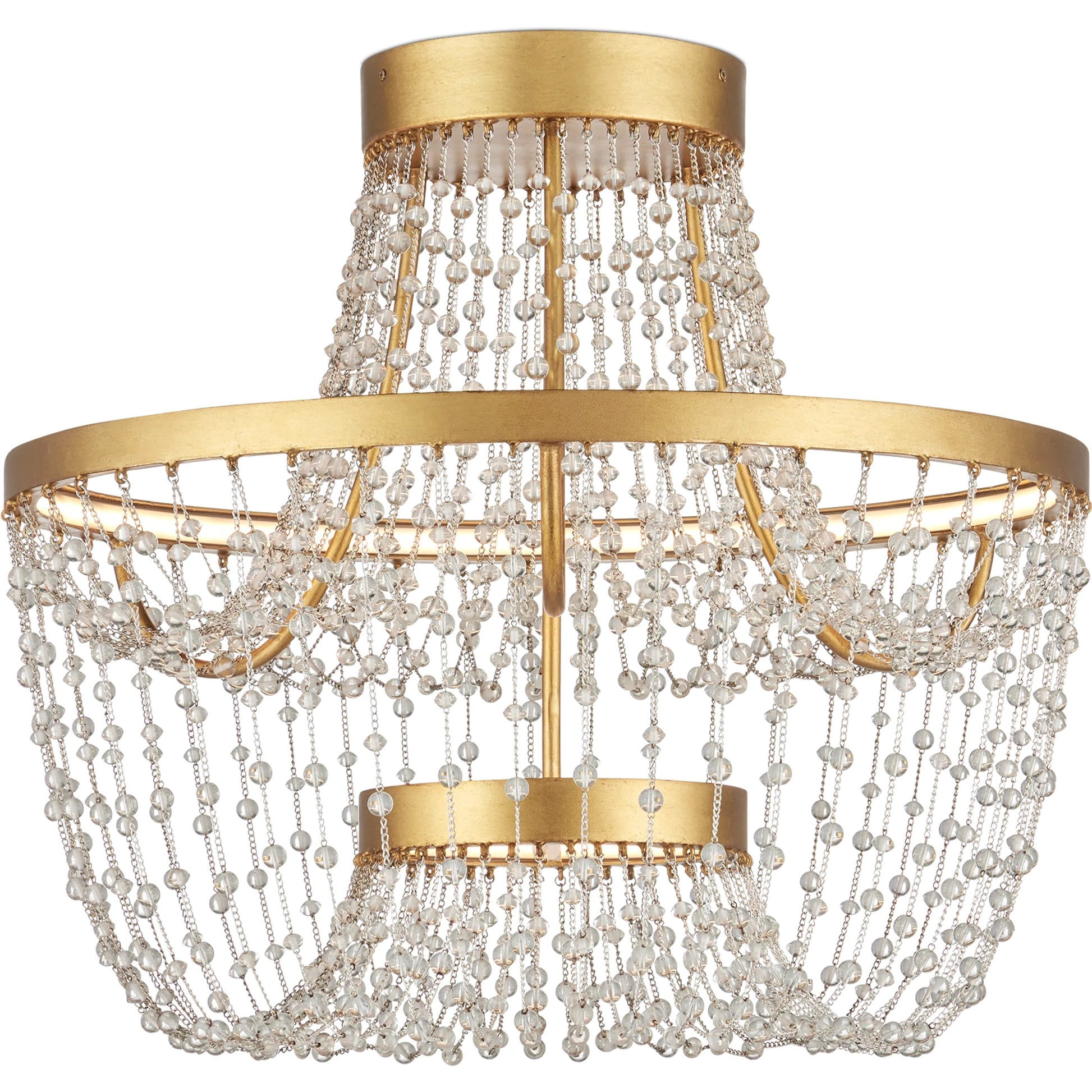Mademoiselle Semi-Flush Mount by Currey and Company in clear, contemporary gold leaf. Made from glass beads, wrought iron in a unique style.