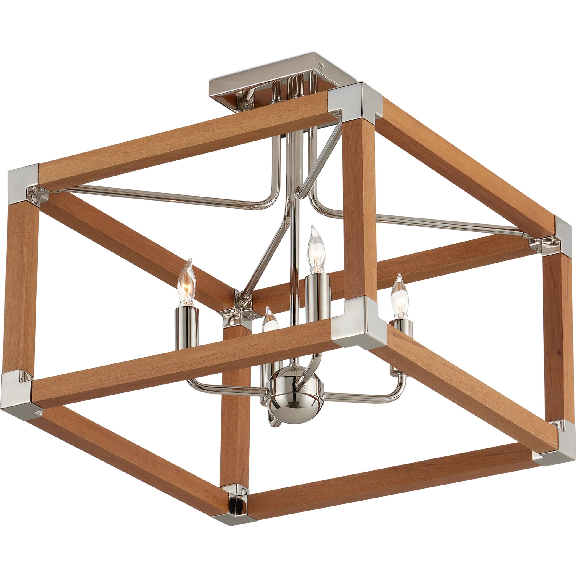 Boyd Semi-Flush Mount by Currey and Company in natural, polished nickel. Made from teak wood, metal in a modern style.