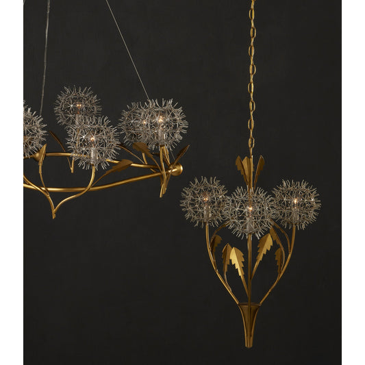Dandelion Pendant by Currey and Company in contemporary silver leaf, contemporary gold leaf. Made from wrought iron in a modern style.