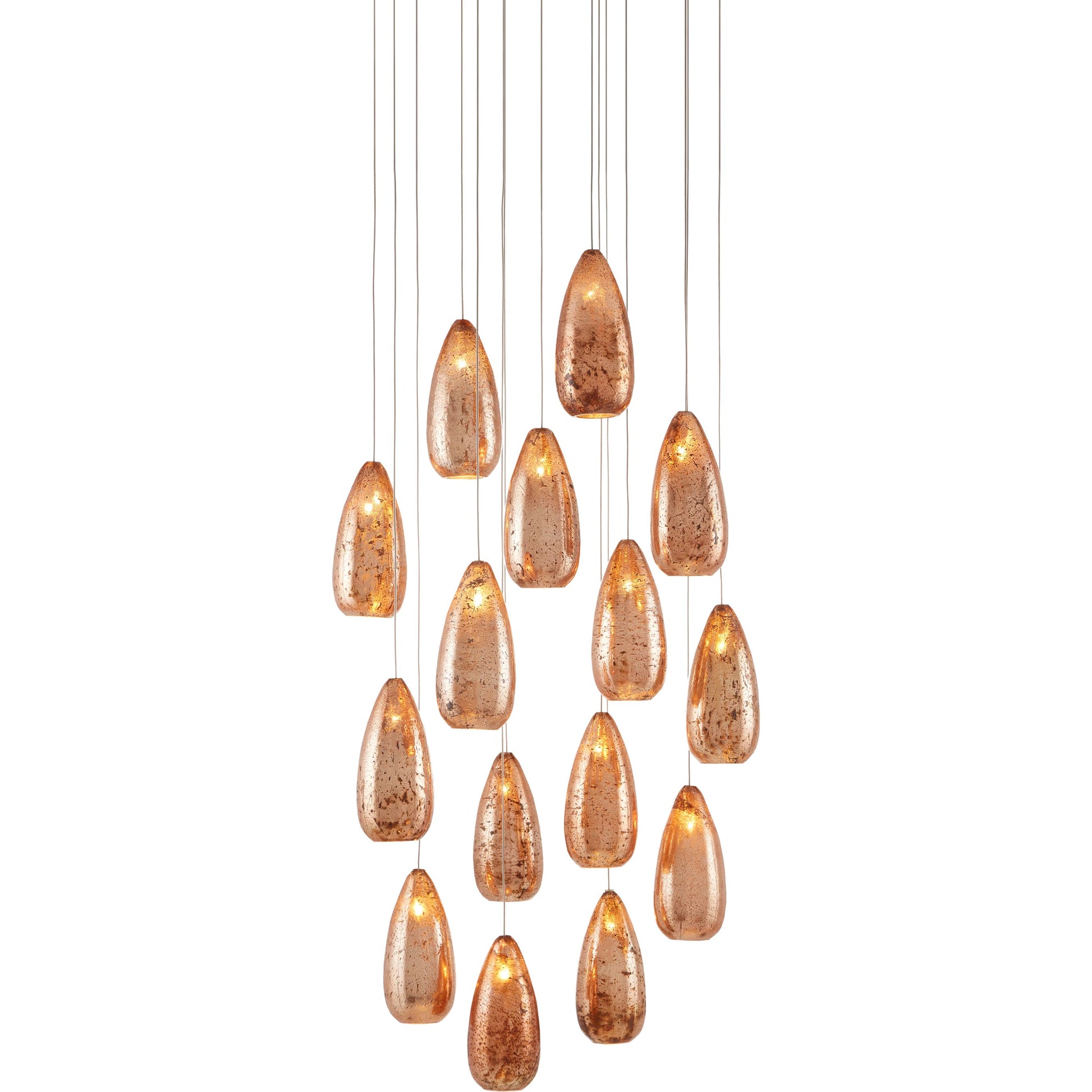 Rame Round 15-LIGHT Multi-Drop Pendant by Currey and Company in copper, silver. Made from antique copper, glass in a transitional style.
