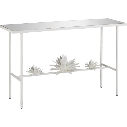 Sisalana Console Table by Currey and Company in yeso blanco, mirror. Made from wrought iron, glass in a modern style.