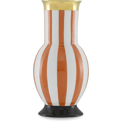 De Luca Stripe Vase by Currey and Company in coral. Made from porcelain in a modern style.