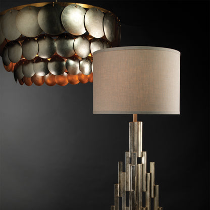 Calypso Chandelier by Jamie Young in champagne leaf with gold leaf trim. Made from iron in a eclectic & global style.