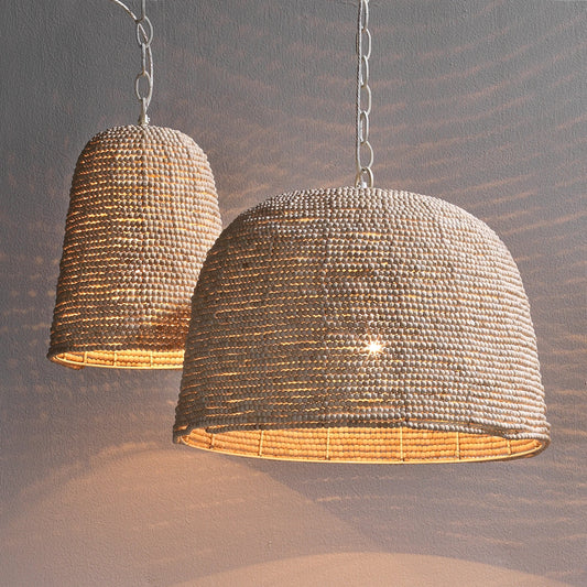 Canal Pendant by Jamie Young in off white beads. Made from iron, mango wood in a coastal style.
