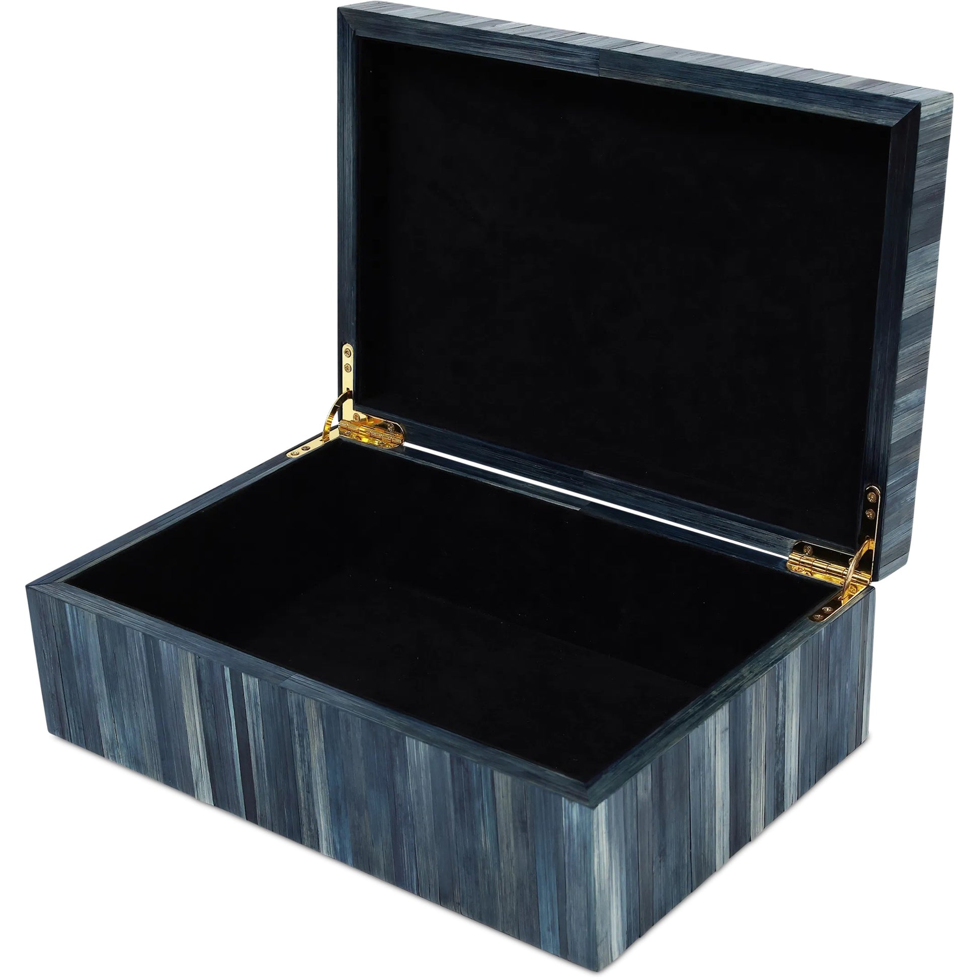 Winter Harvest Box by Currey and Company in blue. Made from straw, suede, engineered wood in a modern style.