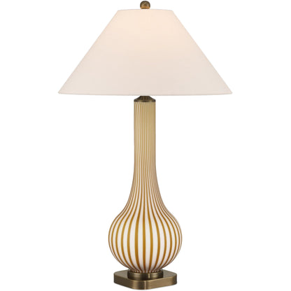 Striae Table Lamp by Currey and Company in yellow, off-white. Made from glass in a modern style.