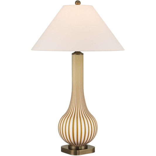 Striae Table Lamp by Currey and Company in yellow, off-white. Made from glass in a unique style.