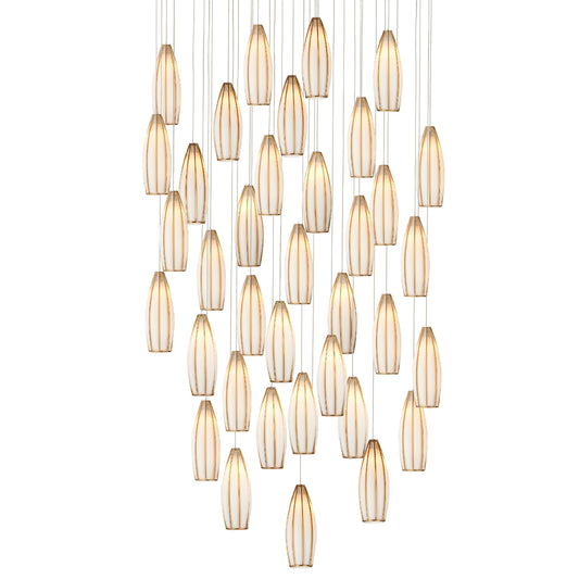Parish 36-Light Round Multi-Drop Pendant by Currey and Company in white, antique brass, silver. Made from glass, metal in a modern style.