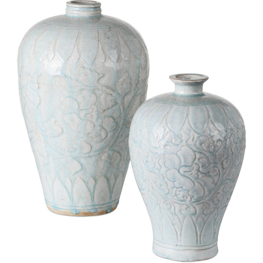 Nanjing Vases Set by Currey and Company in light blue. Made from porcelain in a unique style.