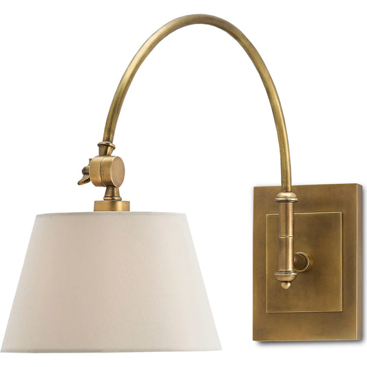 Ashby Swing-Arm Sconce by Currey and Company in antique brass. Made from brass in a traditional style.