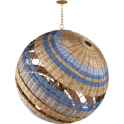 Senjyo Tilted Orb Chandelier by Currey and Company in khaki, natural, cornflower, blue bonnet. Made from rattan, wrought iron in a coastal style.