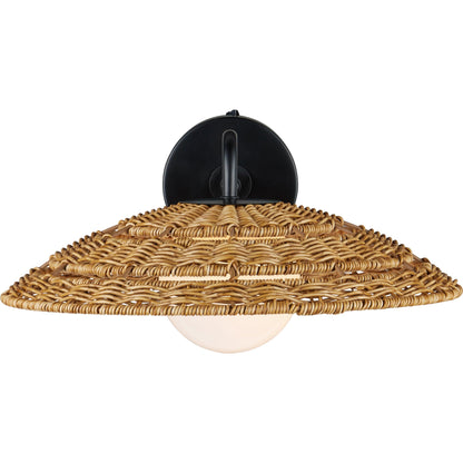 Barbary Outdoor Wall Sconce by Currey and Company in natural, black, frosted white. Made from all-weather wicker, metal, glass in a rustic style.