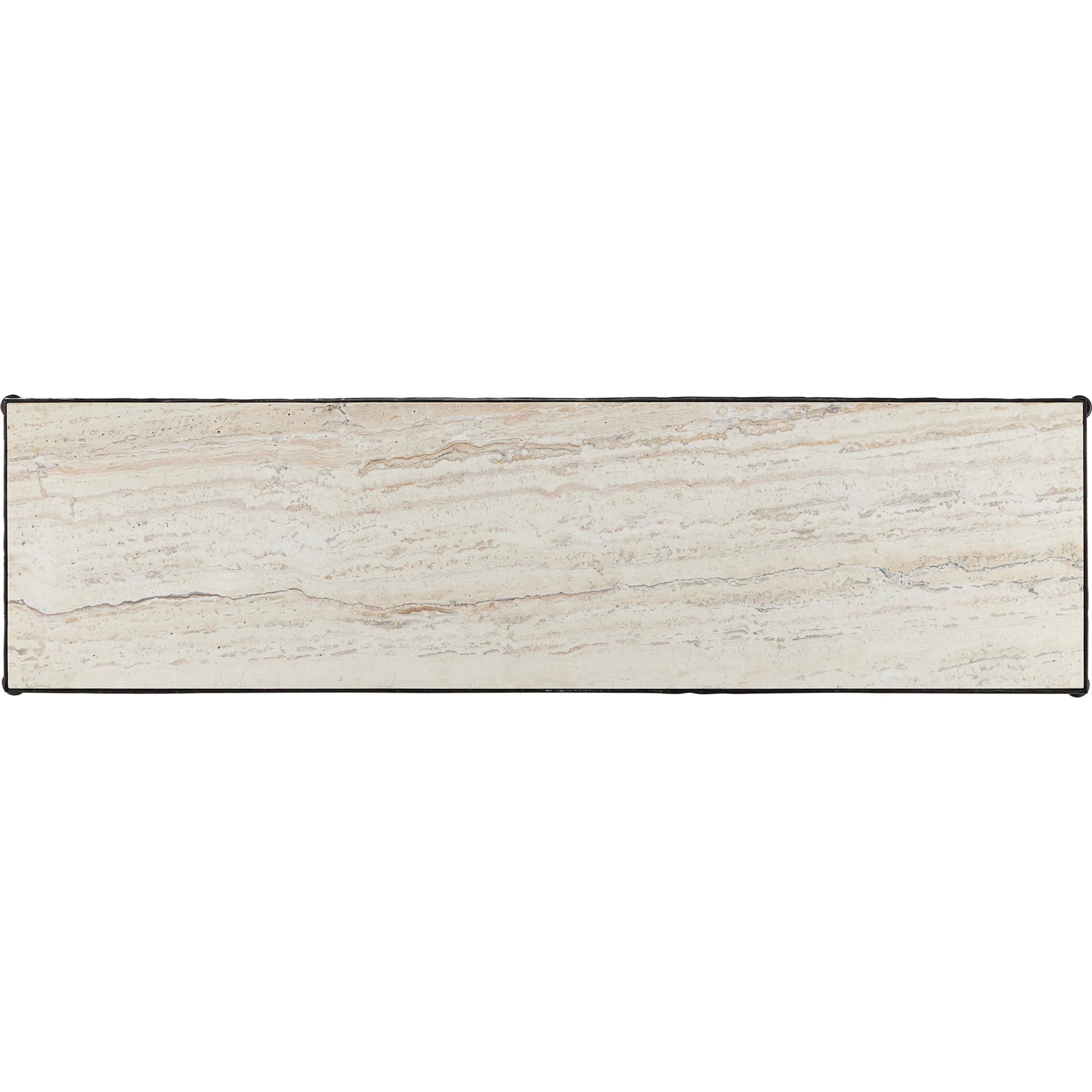 Agora White Travertine Console Table by Currey and Company in natural, rustic bronze. Made from white travertine, wrought iron in a modern style.