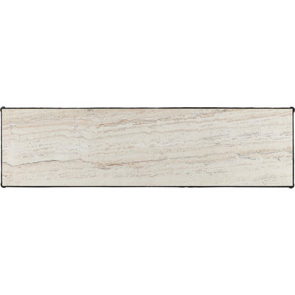 Agora White Travertine Console Table by Currey and Company in natural, rustic bronze. Made from white travertine, wrought iron in a modern style.