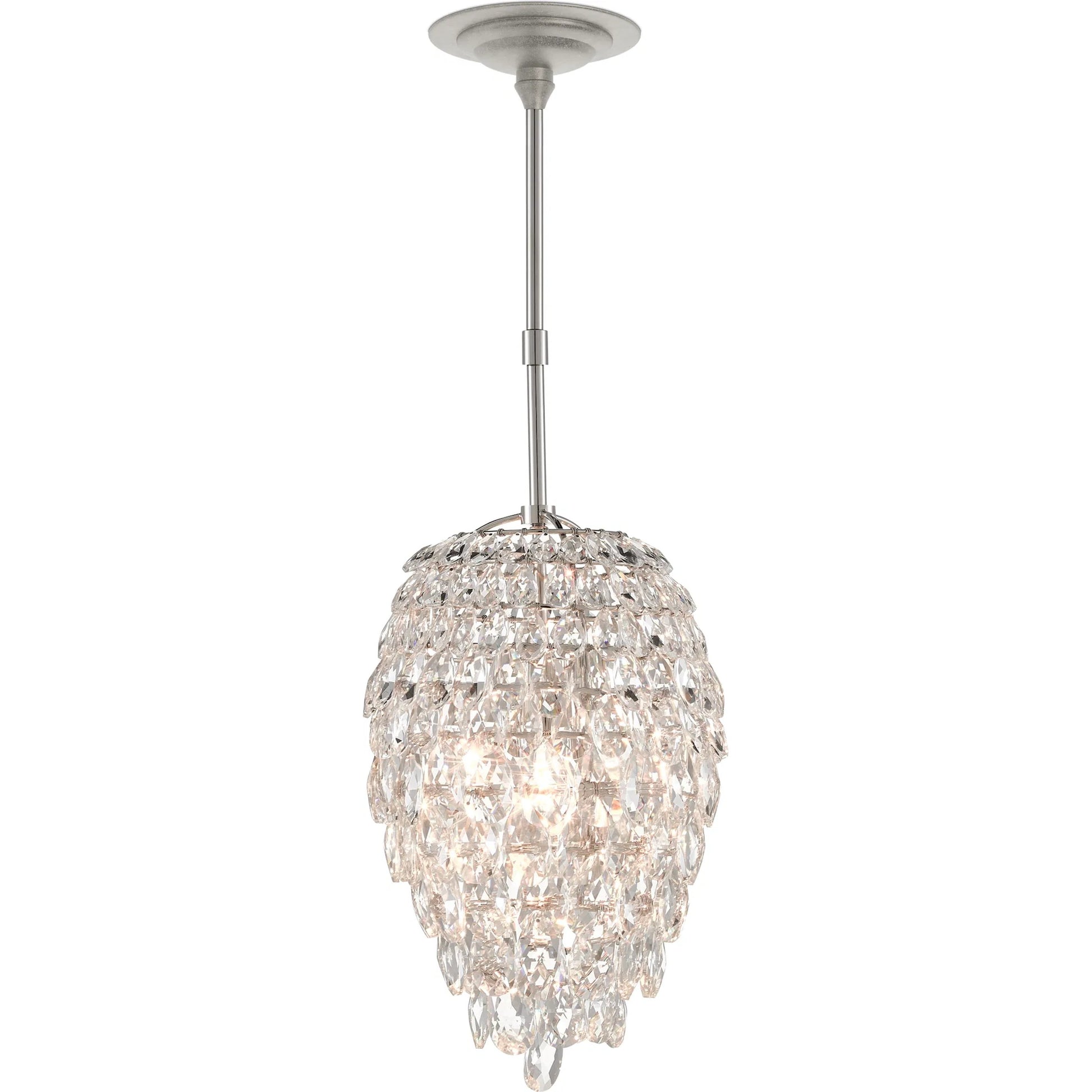 Aisling Pendant by Currey and Company in polished nickel. Made from optical crystal, metal in a transitional style.