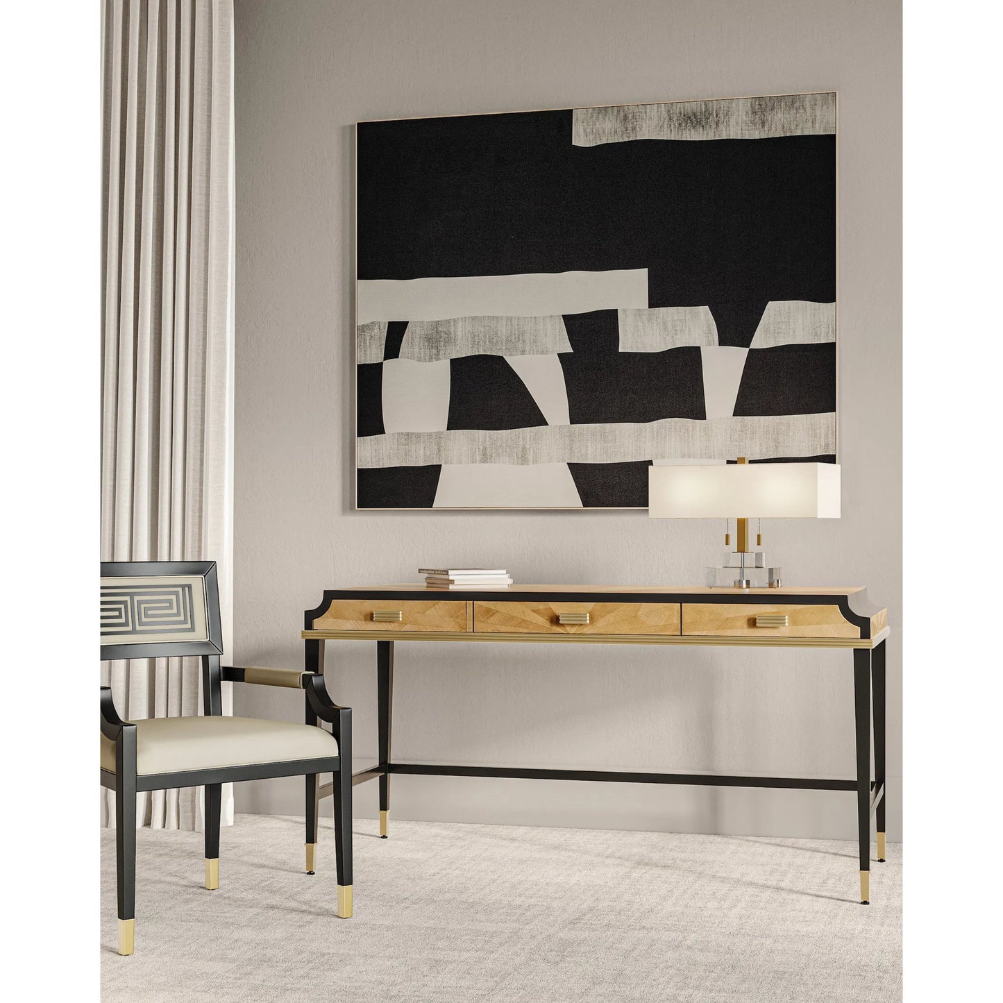 018 SR-823524 | Lifestyle | Chiara Table Lamp by Currey and Company in clear, antique brass. Made from optic crystal, metal in a transitional style.