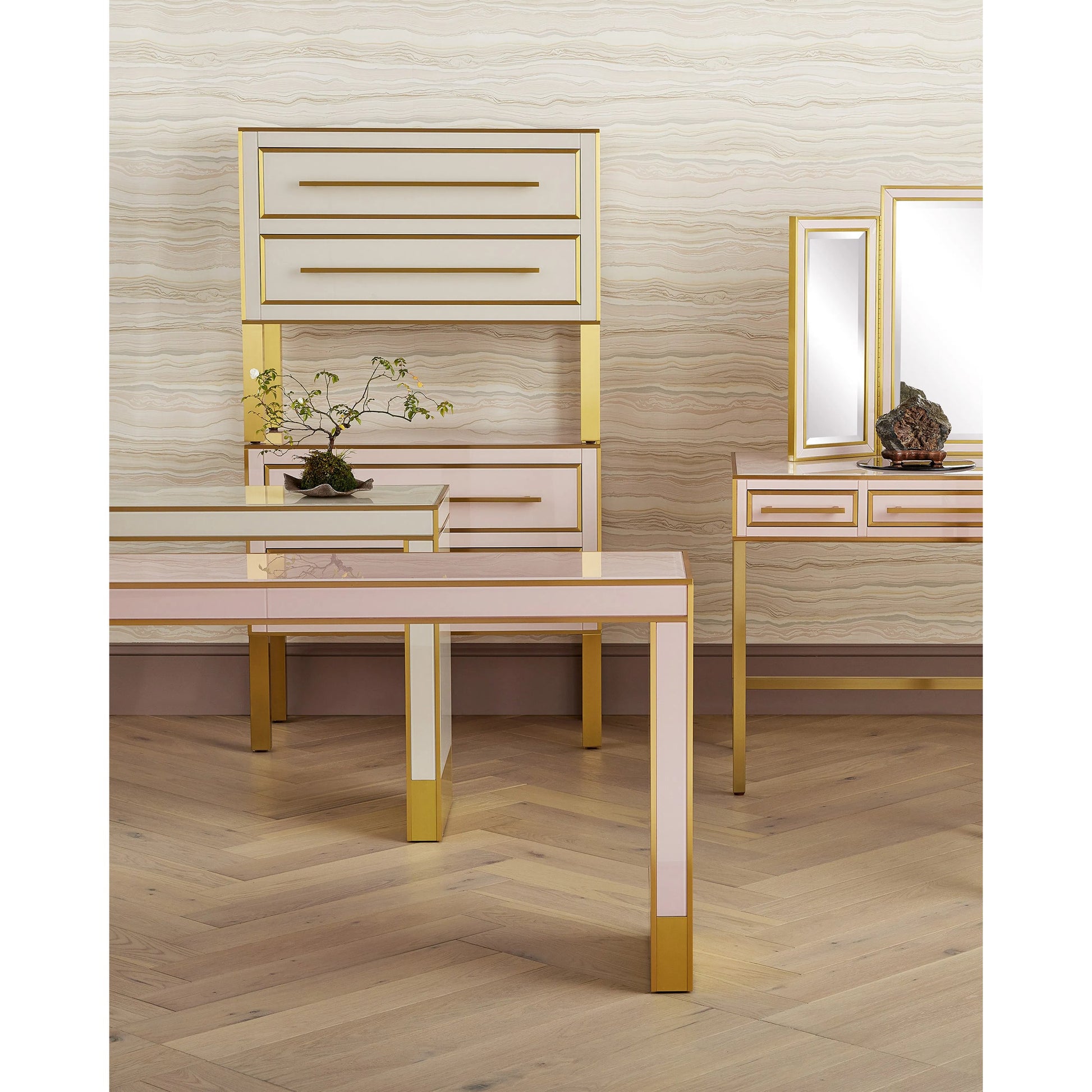 Arden Console Table by Currey and Company in ivory, satin brass. Made from reverse painted glass, brass, solid hardwood in a modern style.