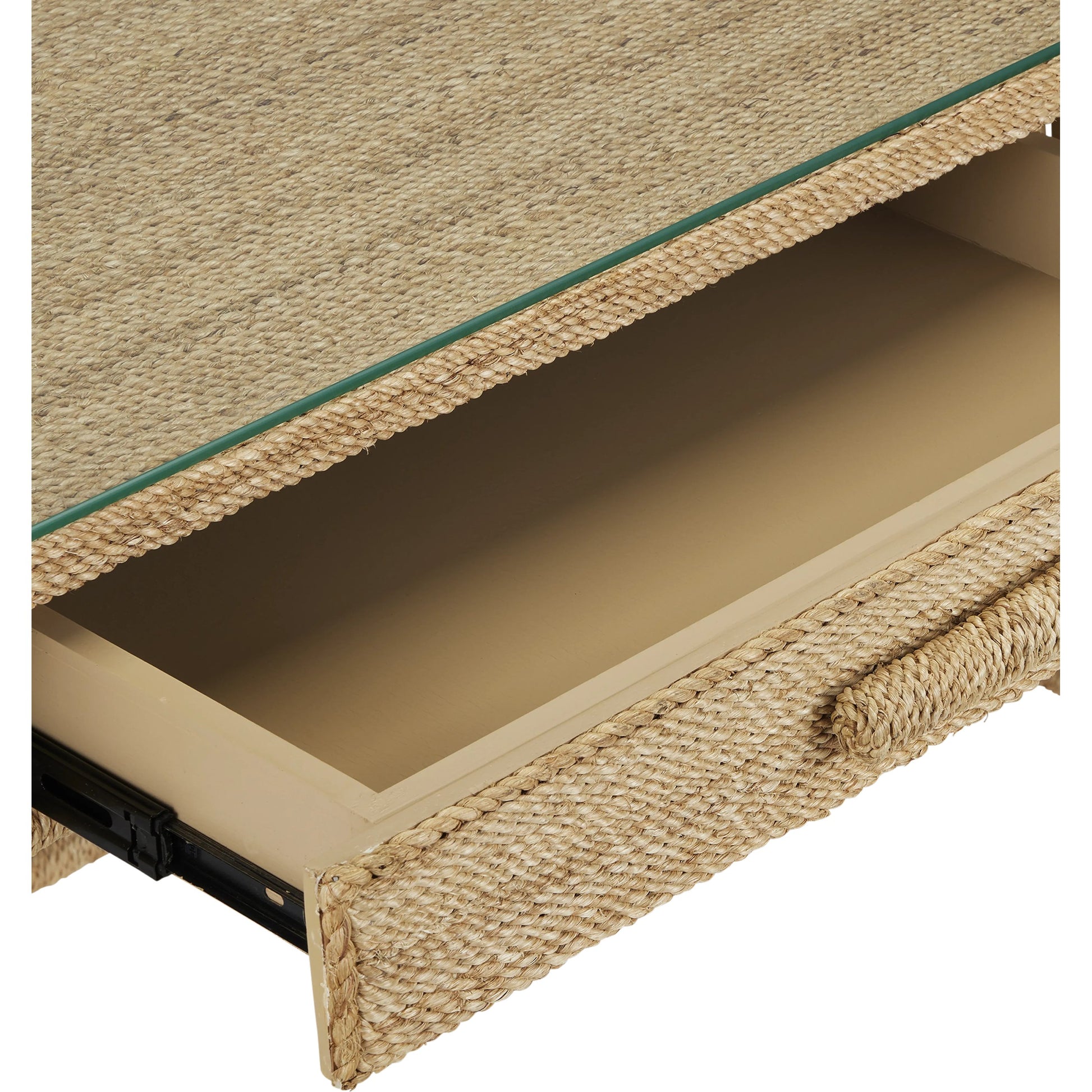 Olisa Rope Desk by Currey and Company in natural, brown carafe. Made from abaca rope, wood, wrought iron in a modern style.