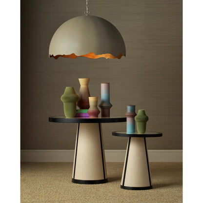 Deanna Raffia Accent Table by Currey and Company in ivory, black, clear. Made from raffia, okume veneer, tempered glass in a modern style.