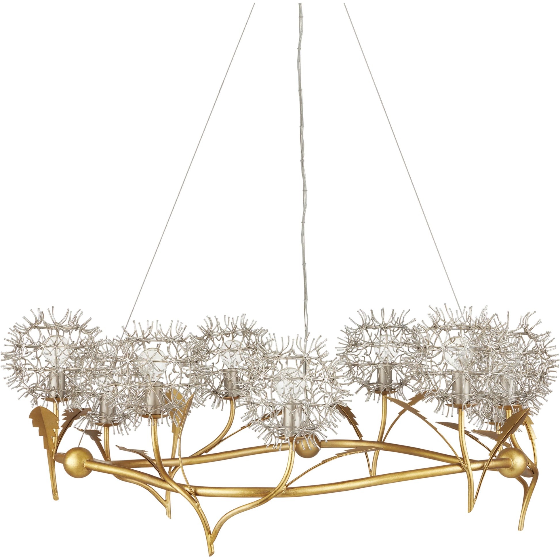 Dandelion Chandelier by Currey and Company in contemporary silver leaf, contemporary gold leaf. Made from wrought iron in a modern style.