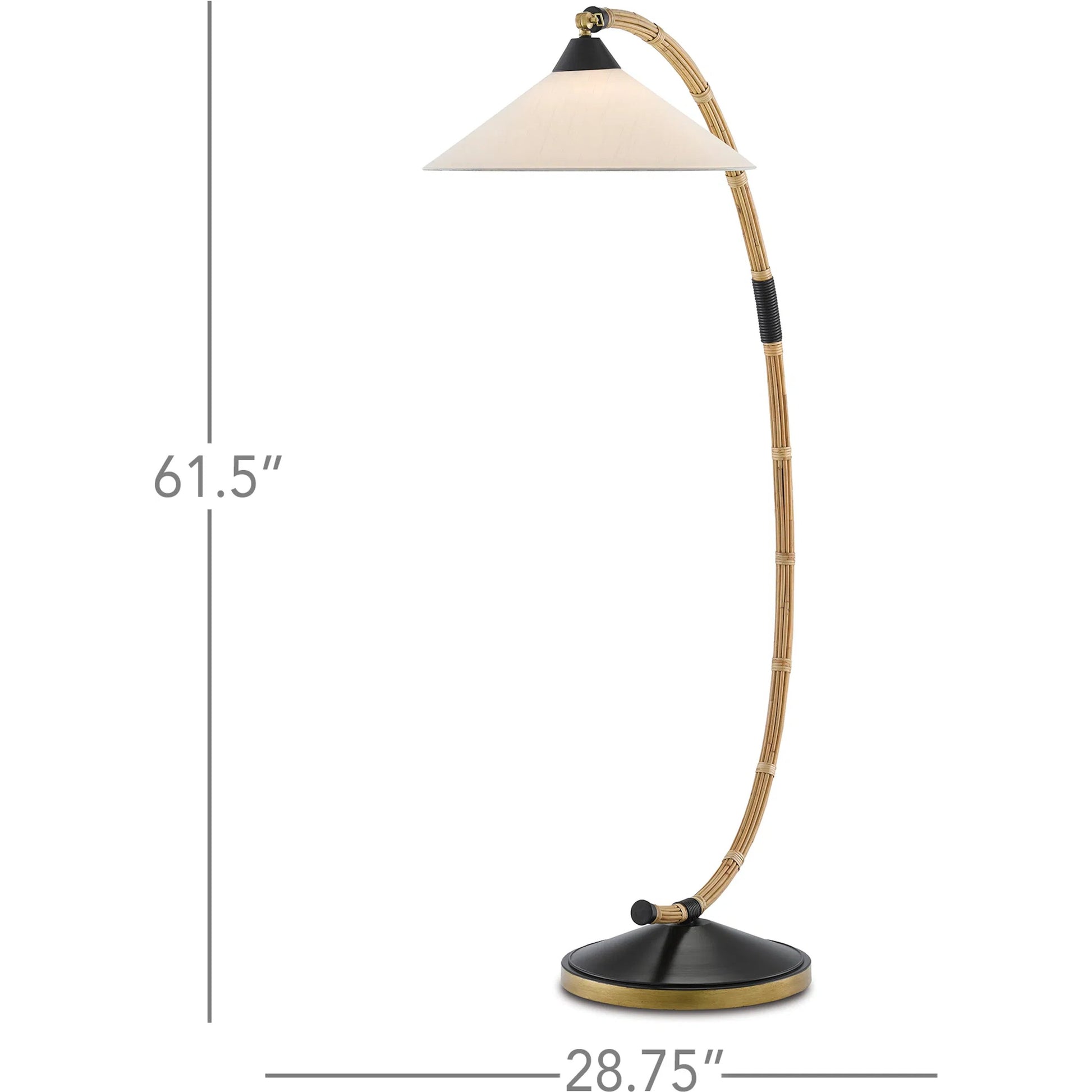 Lisbon Floor Lamp by Currey and Company in natural, rattan, new brass, satin black. Made from wrought iron, rattan in a modern style.