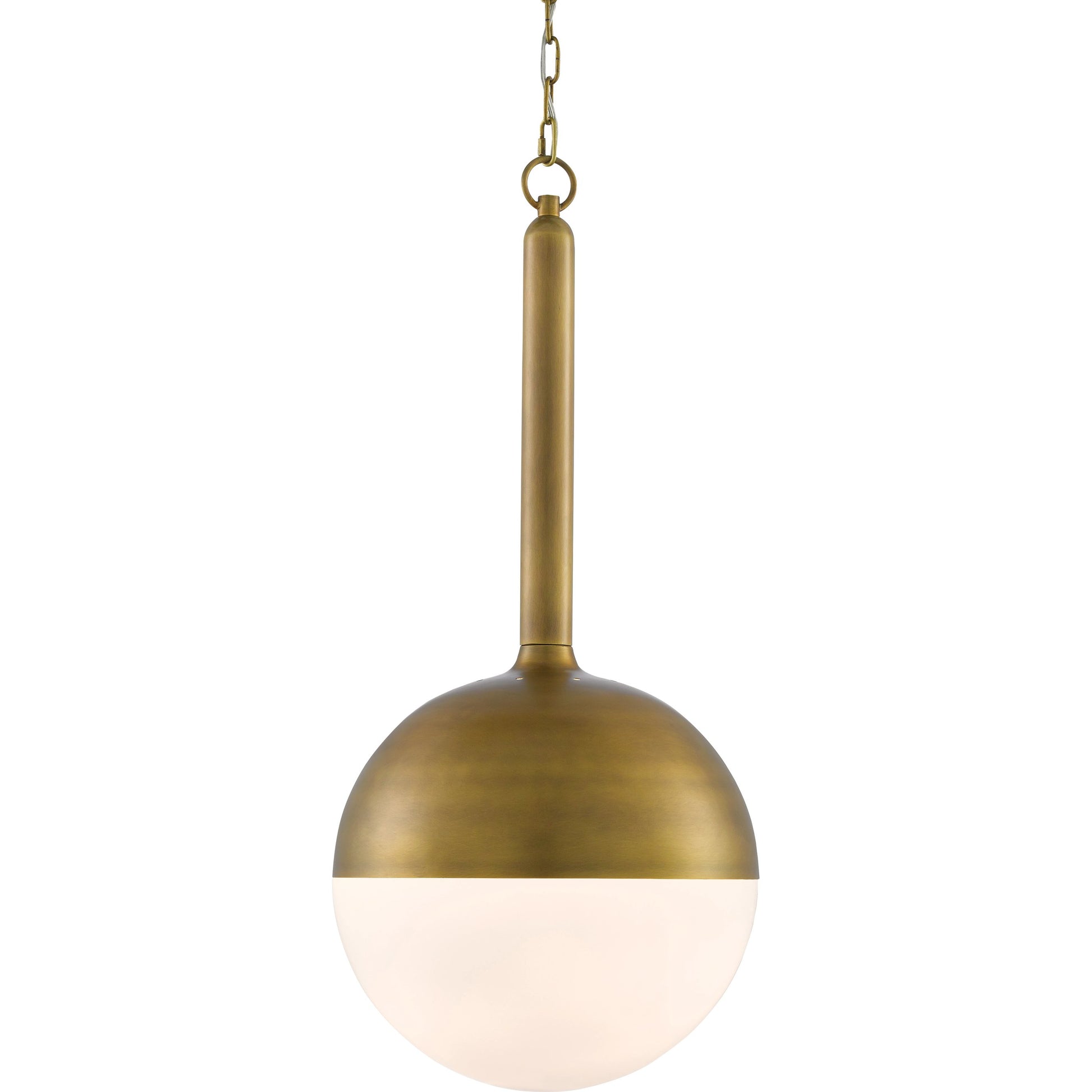 Moonward Pendant by Currey and Company in antique brass, opaque white. Made from metal, glass in a modern style.