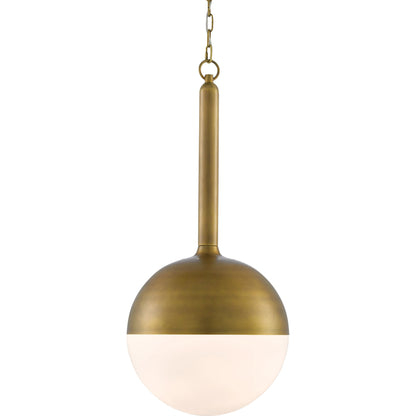 Moonward Pendant by Currey and Company in antique brass, opaque white. Made from metal, glass in a modern style.