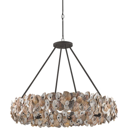 Oyster Circle Chandelier by Currey and Company in textured bronze, natural. Made from wrought iron, oyster shell in a coastal style.
